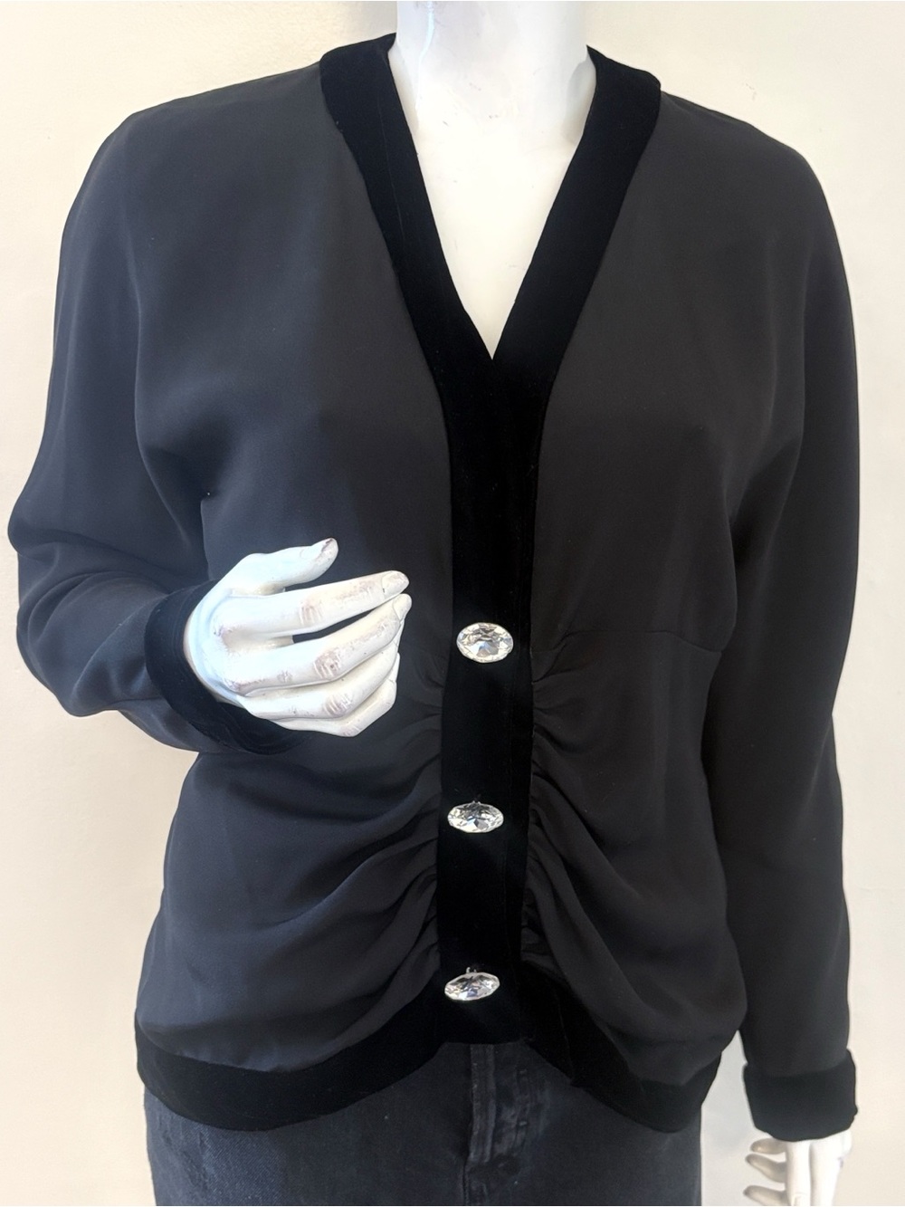 Vintage 80s Oscar de la Renta Black Jacket Velvet Trim Oversized Crystal Buttons